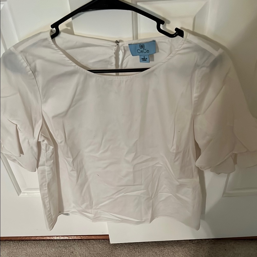 CeCe White and Blue Puff Sleeve Blouse